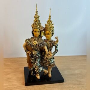 Rare Vintage Handcrafted Thai Siam Dancer Figurine Pair Shiny!!